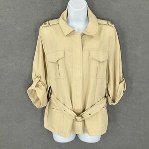 Chico's Utility Jacket 3/4 Sleeve‎ Linen Natural Tan Belted Size 2 (L) NEW